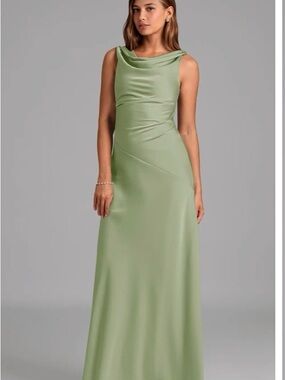 Azazie Sage Green Cowl Neck Satin Gown